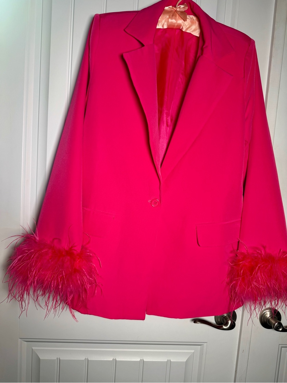 Peppermayo Shake it Off Hot Pink Feather Trim oversized Blazer - Picture 2 of 9